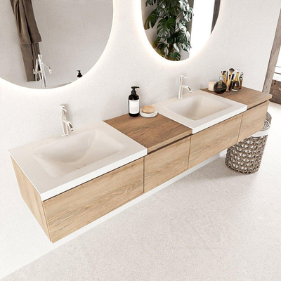 MONDIAZ BUKLA 200cm badmeubel met module 40 links kleur Washed Oak met 4 lades. Wastafel CLOUD dubbel 2 kraangaten kleur Talc.