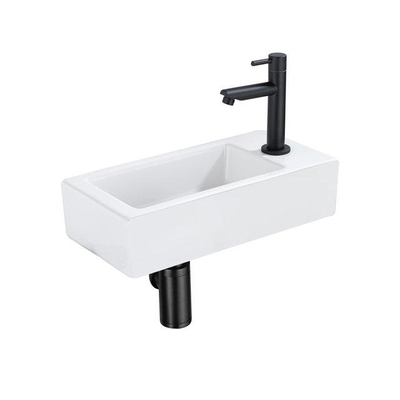 QeramiQ Fontein Fonteinset - 37.5x18.5x9cm - céramique - trou de robinet droite - robinet lave-mains noir mat - bonde de vidage - siphon abaissé - Brillant blanc