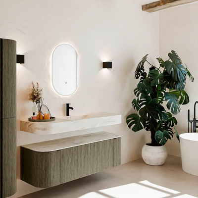 MONDIAZ THOR-DLUX 140cm meuble de salle de bains arrondi gauche + droite couleur Shadow avec 1 tiroir et 2 portes. Vasque suspendue CLOUD Milieu 1 trou de robinet couleur Ostra.