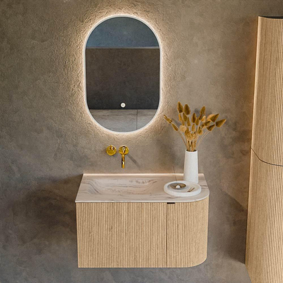 MONDIAZ KURVE-DLUX Meuble de salle de bains 75cm arrondi à droite couleur Chêne avec 1 tiroir et 1 porte. Lavabo GRUNNE à gauche sans trou de robinet Nata.