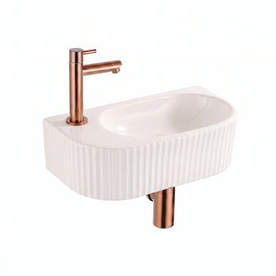 QeramiQ Fuente Fontein - 40x22x12cm - ribbel - halfrond - fonteinkraangat links - keramiek - fonteinkraan geborsteld koper - verlaagd sifon - afvoerplug - linnen