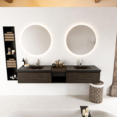 MONDIAZ BUKLA 200cm ensemble de meuble avec module ouvert 40 couleur Marron foncé avec 2 tiroirs. Lavabo CLOUD double 2 trous de robinet couleur Urban.