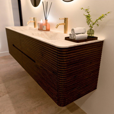 Mondiaz CIRO-DLUX Badkamermeubelset - 180x45x50cm - Solid surface wastafel Frappe - 2 wasbak Dubbel - 2 kraangaten - 4 lades - Walnut