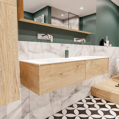 MONDIAZ LUSH Ensemble de meuble salle de bain - 150cm - 2 tiroirs - lavabo cloud - 2 lavabos - 0 trous de robinet - chêne blanchi