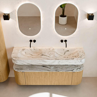 MONDIAZ THOR-DLUX 150cm badmeubel ronding links + rechts kleur Oak met 1 lade en 2 deuren. Vrijhangende wastafel CLOUD Dubbel zonder kraangat kleur Glace.