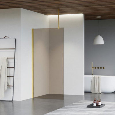 FugaFlow Eccelente Vetro inloopdouche badkamer - 90x200cm - rookglas - plafondarm - geborsteld messing -