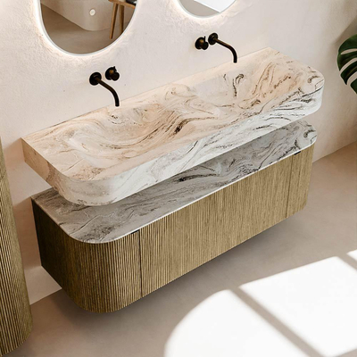 MONDIAZ THOR-DLUX 140cm meuble de salle de bains arrondi gauche + droite couleur Dusk avec 1 tiroir et 2 portes. Vasque suspendue CLOUD Double sans trou de robinet couleur Glace.