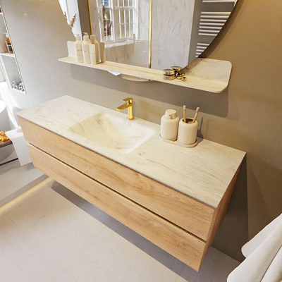 MONDIAZ VICA-DLUX Ensemble meuble de salle de bains - 150cm - meuble bas Washed oak - 2 tiroirs - lavabo encastré Cloud central - 1 trou de robinet - version haute 60cm - Opalo