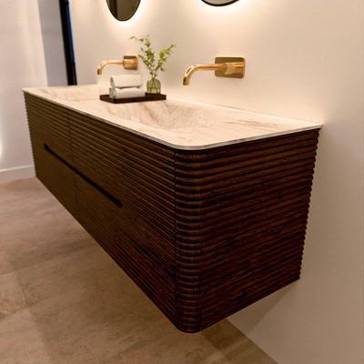 Mondiaz CIRO-DLUX Badkamermeubelset - 160x45x50cm - Solid surface wastafel Frappe - 2 wasbak Dubbel - zonder kraangaten - 4 lades - Walnut