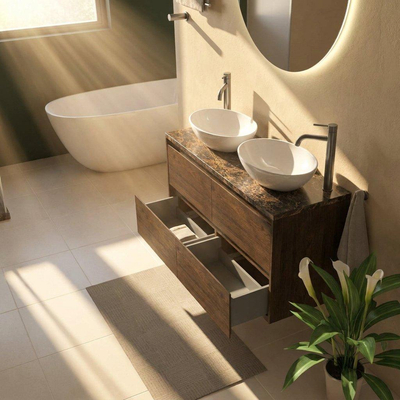 Saniclass Holz Pure Ensemble de meubles de salle de bains - 120x45x63cm - Plan de travail en pierre naturelle Noche dark emperador - 2 trous de robinet - 4 tiroirs - chêne charcoal mat (bois)