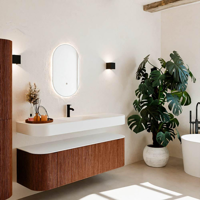 MONDIAZ THOR 150cm meuble de salle de bains arrondi gauche + droite couleur Ruby avec 1 tiroir et 2 portes. Vasque suspendue CLOUD Milieu 1 trou de robinet couleur Talc.