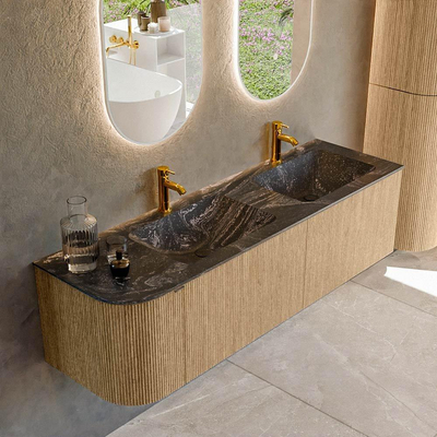 MONDIAZ KURVE-DLUX Meuble de salle de bains 155cm avec module 25 L couleur Chêne avec 2 tiroirs et 1 porte. Lavabo LEAF double / droite 2 trous de robinet couleur Lava.