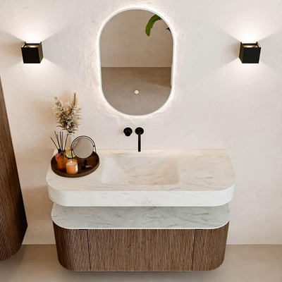 MONDIAZ THOR-DLUX 120cm meuble de salle de bains arrondi gauche + droite couleur Walnut avec 1 tiroir et 2 portes. Vasque suspendue CLOUD Milieu sans trou de robinet couleur Opalo.