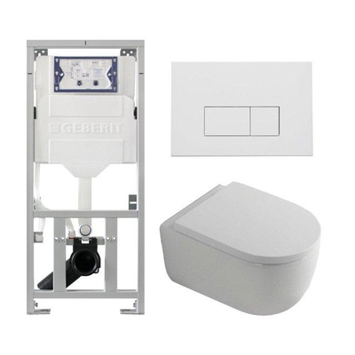QeramiQ Dely Swirl Ensemble WC- 36.3x51.7cm - Réservoir encastré Geberit UP320 - Abattant de 35mm - Plaque de commande en métal blanc mat - Boutons rectangulaires - Blanc brillant