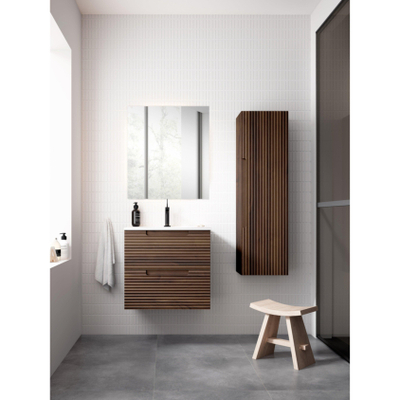 Saniclass Prime Balance Meuble de salle de bain - 60x55x45cm - 1 vasque ovale en céramique blanc - 1 trou de robinet - 2 tiroirs - miroir rectangulaire - noyer