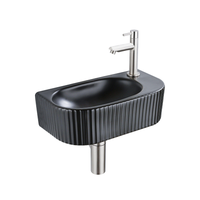QeramiQ Fuente Ensemble de Lavabo - 40x21.5x12cm - droit - strié - demi-rond - 1 trou de robinet - céramique - ensemble de robinet en acier inoxydable brossé - bouchon de vidange - siphon réduit - noir mat