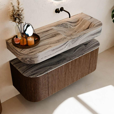 MONDIAZ THOR-DLUX 120cm badmeubel ronding links + rechts kleur Walnut met 1 lade en 2 deuren. Vrijhangende wastafel CLOUD Rechts zonder kraangat kleur Sombra.
