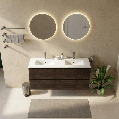 Saniclass Holz Pure Ensemble meuble de salle de bains - 140x45x62cm - Lavabo Vygo en céramique blanc - 2 vasques - 2 trous de robinet - 4 tiroirs - chêne charcoal brillant (bois)