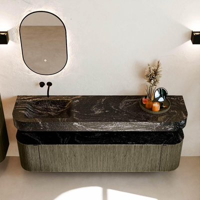 MONDIAZ THOR-DLUX 180cm meuble de salle de bains arrondi gauche + droite couleur Shadow avec 2 tiroirs et 2 portes. Vasque suspendue CLOUD gauche sans trou de robinet couleur Lava.