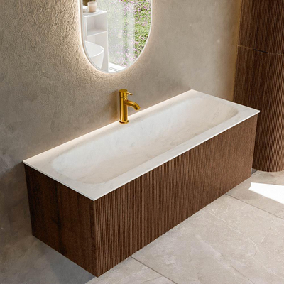 MONDIAZ KURVE-DLUX 120cm badmeubel kleur Walnut met 1 lade. Wastafel BIG LARGE midden 1 kraangat kleur Opalo.