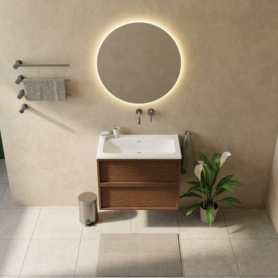Saniclass Holz Frame Ensemble de meubles de salle de bains - 80x45x77.5cm - Lavabo Torino en solid surface blanc - sans trou de robinetterie - 2 tiroirs - noyer pure mat (bois)