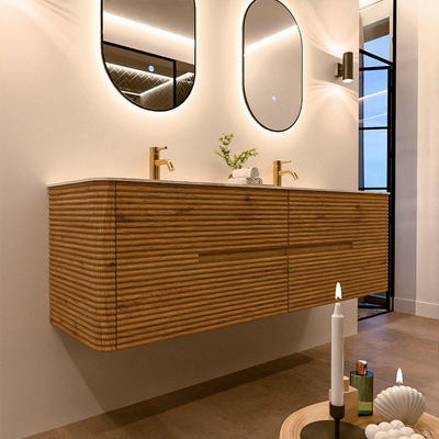 Mondiaz CIRO-DLUX Ensemble de meubles de salle de bains - 160x45x50cm - Plan vasque solid surface Ostra - 2 vasques double - 2 trous de robinetterie - 4 tiroirs - Chêne