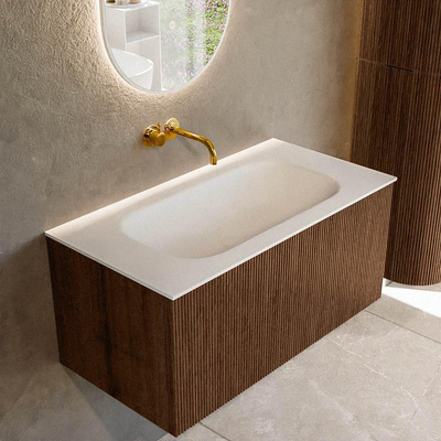 MONDIAZ KURVE 90cm badmeubel kleur Walnut met 1 lade. Wastafel BIG SMALL midden zonder kraangat Talc.