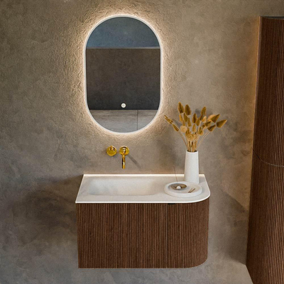 MONDIAZ KURVE meuble de salle de bains 75cm avec module 25 R couleur noyer avec 1 tiroir et 1 porte. Lavabo GRUNNE gauche sans trou de robinet Talc.