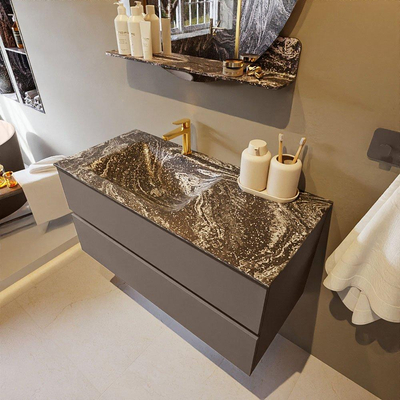 Mondiaz VICA-DLUX Ensemble de meuble de salle de bain - 100cm - meuble sous-vasque fumée - 2 tiroirs - lavabo encastré nuage gauche - 1 trou de robinet - version haute 60cm - lave