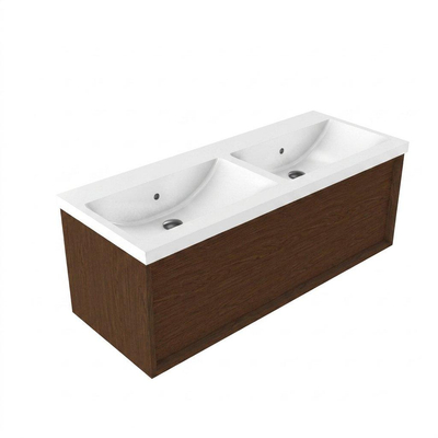 Saniclass Holz Frame Ensemble de meubles de salle de bains - 120x45x43.5cm - Bari lavabo en céramique blanc - 2 vasques - sans trous de robinetterie - 1 tiroir - mat walnut pure (bois)