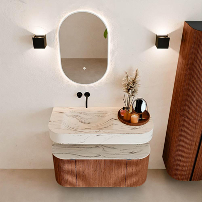 MONDIAZ THOR-DLUX Meuble de salle de bains - 100cm - arrondi gauche + droite - couleur Ruby - 1 tiroir et 2 portes - Vasque suspendue CLOUD Gauche sans trou de robinet - couleur Nata