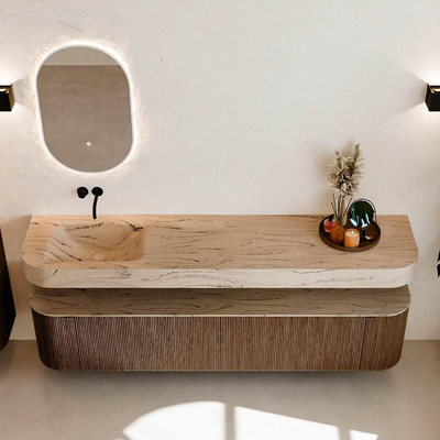 MONDIAZ THOR-DLUX 200cm badmeubel ronding links + rechts kleur Walnut met 2 lades en 2 deuren. Vrijhangende wastafel CLOUD Links zonder kraangat kleur Arena.