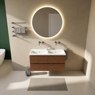 Saniclass Holz Pure Ensemble de meubles de salle de bains - 120x45x63.5cm - Lavabo Bari en céramique blanc - 2 vasques - sans trous de robinetterie - 4 tiroirs - walnut pure mat (bois)