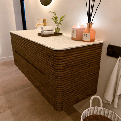 Mondiaz CIRO-DLUX Badkamermeubelset - 130x45x50cm - Solid surface wastafel Opalo - 1 wasbak Links - 1 kraangat - 4 lades - Dusk