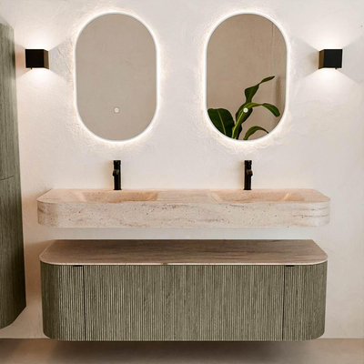 MONDIAZ THOR-DLUX 150cm meuble de salle de bains arrondi gauche + droite couleur Shadow avec 1 tiroir et 2 portes. Vasque suspendue CLOUD Double 2 trous de robinet couleur Saba.