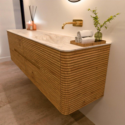 Mondiaz CIRO-DLUX Badkamermeubelset - 170x45x50cm - Solid surface wastafel Frappe - 1 wasbak Rechts - zonder kraangaten - 4 lades - Oak