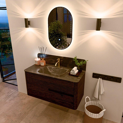Mondiaz CIRO-DLUX Badkamermeubelset - 100x45x50cm - Solid surface wastafel Lava - 1 wasbak Midden - 1 kraangat - 2 lades - Walnut
