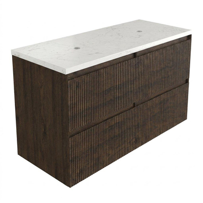 Saniclass Holz Atelier Ensemble meuble de salle de bains - 120x45x63cm - Plan vasque en marbre Dia poli (blanc) - sans trou de robinetterie - 2 tiroirs - chêne charcoal mat (bois)