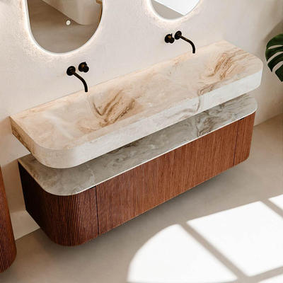 MONDIAZ THOR-DLUX 160cm meuble de salle de bains arrondi gauche + droite couleur Ruby avec 1 tiroir et 2 portes. Vasque suspendue CLOUD Double sans trou de robinet couleur Frappe.