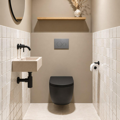 QeramiQ Dely Ensemble de toilette - réservoir encastré Qeramiq Flush - abattant 35mm - plaque de commande en métal inox - boutons ronds - noir mat