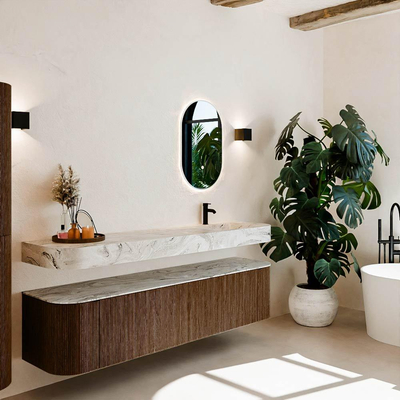 MONDIAZ THOR-DLUX 190cm meuble de salle de bains arrondi gauche + droite couleur Walnut avec 2 tiroirs et 2 portes. Vasque suspendue CLOUD Droite 1 trou de robinet couleur Glace.