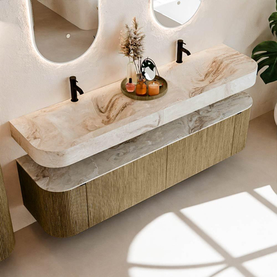 MONDIAZ THOR-DLUX 180cm meuble de salle de bains arrondi gauche + droite couleur Dusk avec 2 tiroirs et 2 portes. Vasque suspendue CLOUD Double 2 trous de robinet couleur Frappe.