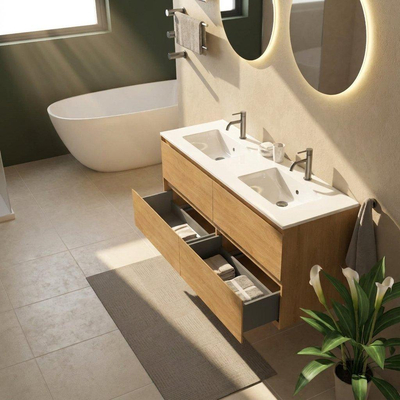 Saniclass Holz Pure Ensemble meuble de salle de bains - 140x45x62cm - lavabo Vygo en céramique blanc - 2 vasques - 2 trous de robinet - 4 tiroirs - chêne natural brillant (bois)