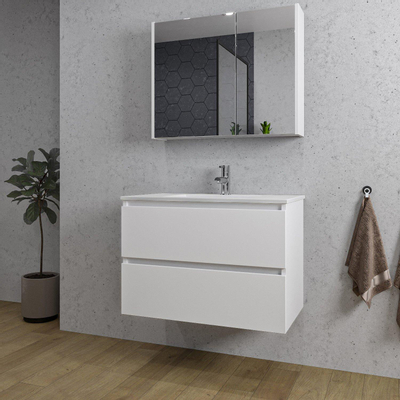 Saniclass Chaci Meuble de salle de bain - 80x46x55cm - lavabo en céramique blanc - 1 vasque - 1 trou de robinet - 2 tiroirs - armoire miroir - blanc mat