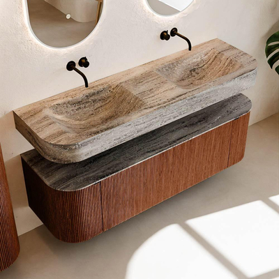 MONDIAZ THOR-DLUX 150cm meuble de salle de bains arrondi gauche + droite couleur Ruby avec 1 tiroir et 2 portes. Vasque suspendue CLOUD Double sans trou de robinet couleur Oza.