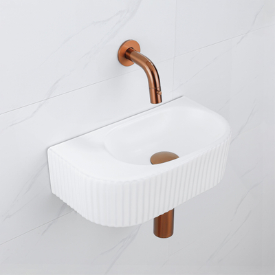 QeramiQ Fuente Ensemble de Lavabo - 40x21.5x12cm - strié - demi-rond - céramique - ensemble de robinet en cuivre brossé - bouchon de vidange - siphon abaissé - blanc mat