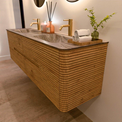 Mondiaz CIRO-DLUX Meuble de salle de bains - 170x45x50cm - Plan vasque solid surface Sombra - 2 lavabos double - 2 trous de robinet - 4 tiroirs - Chêne