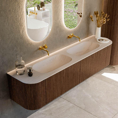 MONDIAZ KURVE-DLUX Meuble de salle de bains 190cm arrondi Gauche + Droite couleur Walnut avec 2 tiroirs et 2 portes. Plan-vasque STOR SMALL Double sans trou de robinet Meli.