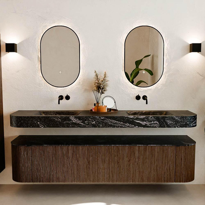 MONDIAZ THOR-DLUX 200cm meuble de salle de bains arrondi gauche + droite couleur Walnut avec 2 tiroirs et 2 portes. Vasque suspendue CLOUD Double sans trou de robinet couleur Lava.