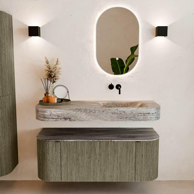 MONDIAZ THOR-DLUX Meuble de salle de bains 120cm arrondi gauche + droite couleur Shadow avec 1 tiroir et 2 portes. Vasque suspendue CLOUD Droite sans trou de robinet couleur Oza.